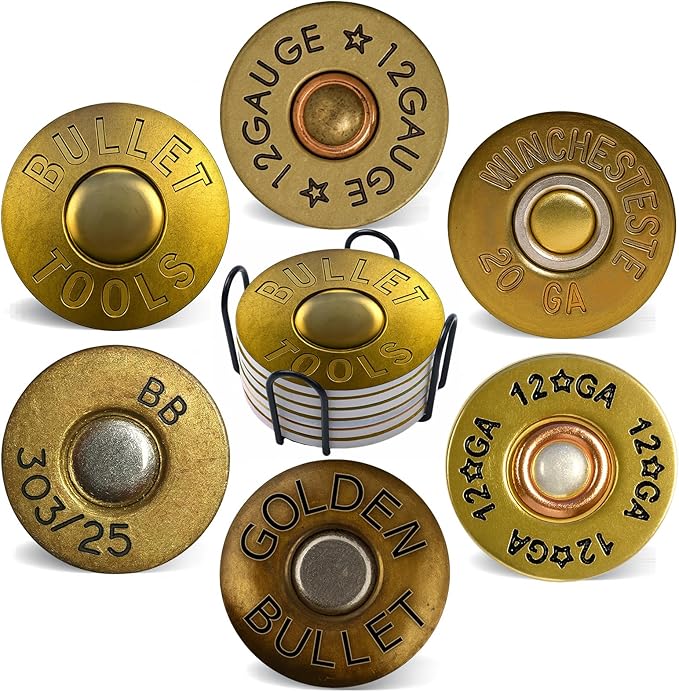 Coasters for Drinks with Holder Set of 6, Shotgun Shell Ceramic Coaster Absorbent for Office Desk Table Coasters Kitchen Decor House Warming Gifts for New Home Couples, Round 4"