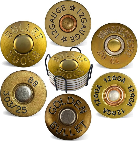 Coasters for Drinks with Holder Set of 6, Shotgun Shell Ceramic Coaster Absorbent for Office Desk Table Coasters Kitchen Decor House Warming Gifts for New Home Couples, Round 4"