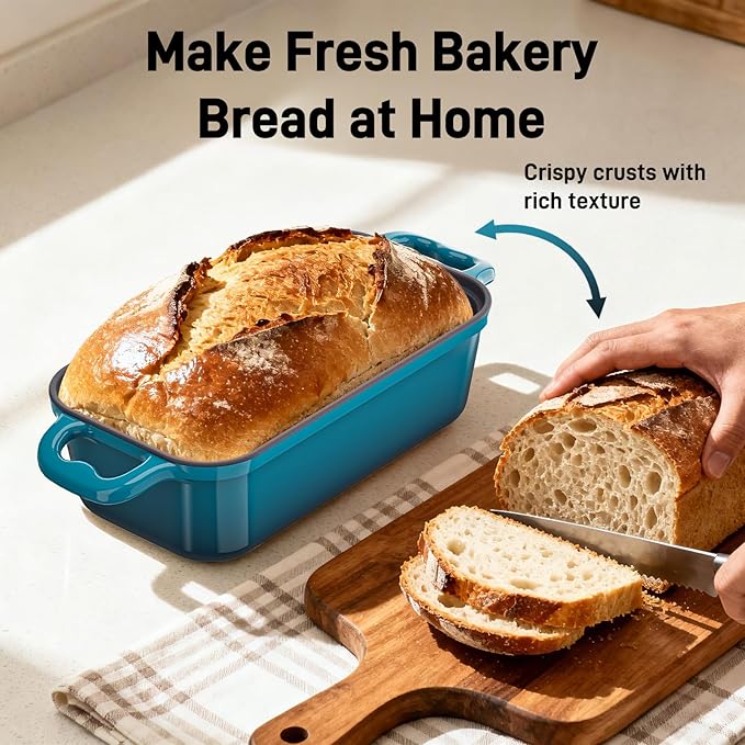 DYCYRQ Enameled Cast Iron Sourdough Bread Dutch Oven, 9x5 Inch Loaf Cast Iron Bread Pan for Homemade Bread Baking, Sourdough Baking Pans, Meatloaf Pan with Lid, 2 Piece set, Emerald