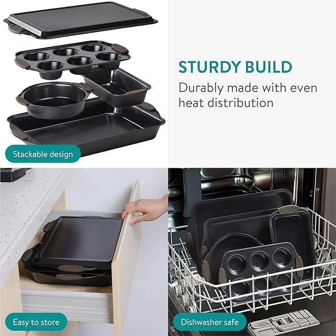 Navaris Nonstick Bakeware Set, 5-Piece Including Cookie Sheet, Muffin Pan, Loaf Pan, Cake Pan, Roasting Pan with Silicone Handles, Dishwasher Safe - Carbon Steel - Black