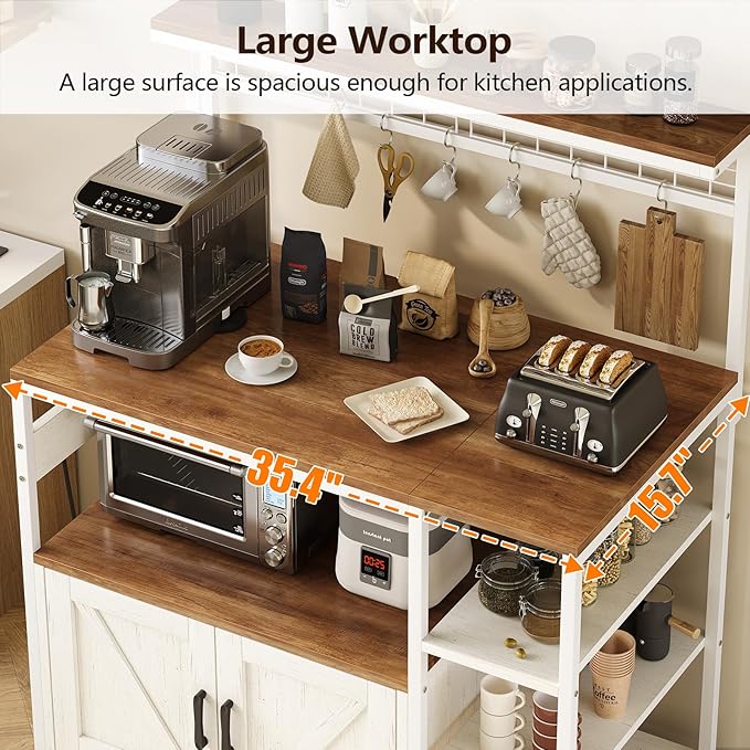 TVU Bakers Rack with Power Outlet and LED Light, Microwave Stand with Storage Cabinet, Coffee Bar Cabinet Station with 6 Hooks for Kitchen, Dining Room, Living Room, Coffee Bar, Walnut, White