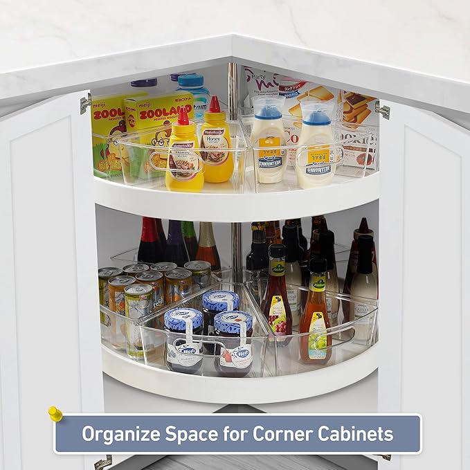 Leeden Lazy Susan Organizer for 26" Diameter Corner Lazy Susan, Plastic Kitchen Cabinet Storage Bins with Handle, 4 Packs, 1/8 Wedge - Food Safe, BPA Free
