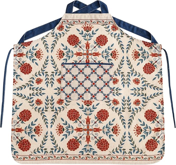 patdrea Blue Floral Linen Apron with Pocket,French Kitchen Garden Chef BBQ Aprons for Women and Men,Crisscross Back Straps