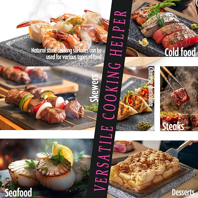 Artestia Steak Stone Grill Set with 2 Granite Stones & 1 Bamboo Tray – Restaurant-Style Hot Stone Cooking Set for Sizzling Steak, BBQ, Hibachi, Indoor Tabletop Grilling