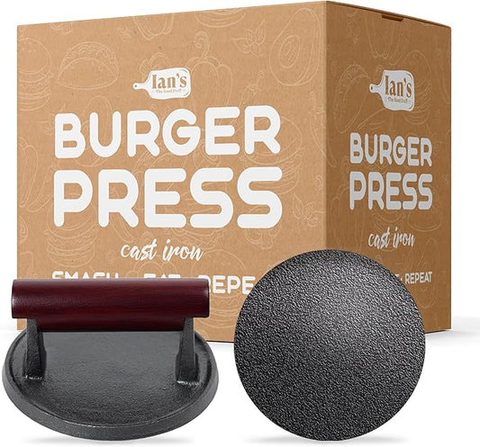 IAN's Smash Burger Press 4 Inch, Cast Iron Hamburger Press Heavy Duty - Burger Smasher, Griddle & Meat Press - Perfect Size for Sliders!