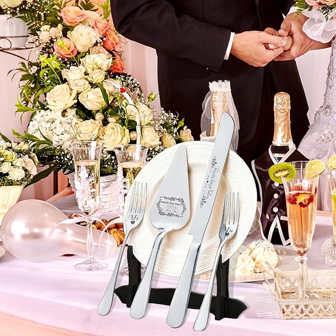4 Pieces Wedding Cake Cutting Set Knife and Forks Set Wedding Cake Knife and Server Set Sliver Forks Engraved Mr. and Mrs.for Engagements, Anniversaries, Bride and Groom (Silver MR&MRS)