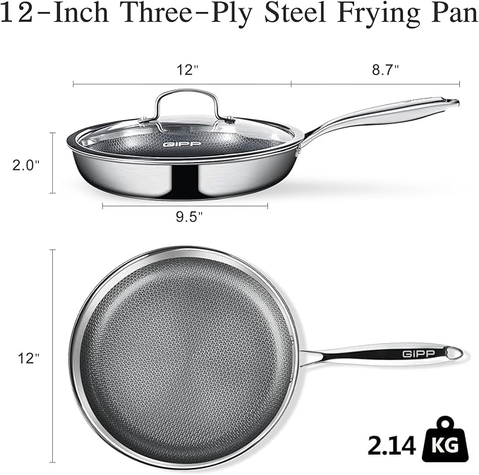 GiPP Tri-Ply Stainless Steel Frying Pan, 12 inch Hybrid Frying Pans Nonstick Skillets, Dishwasher and Oven-Safe, Induction Ready, Compatible with All Cook tops, PFOS/PFOA Free
