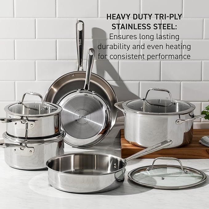 T-Fal Pro Tri-Ply Stainless Steel Fry Pan 10 Inch Induction Cookware, Oven Safe 500F, Fast & Even Heat, Professional Quality & Durability, Frying Pan, Skillet, Cookware, Silver