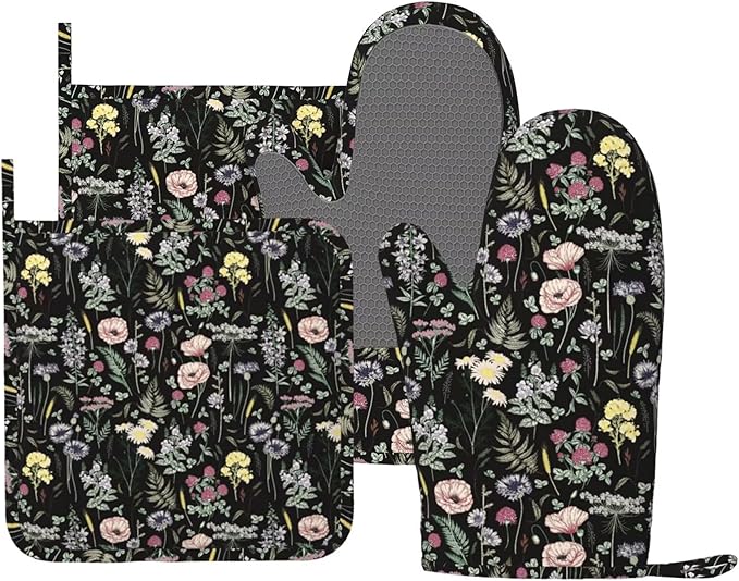 Black Floral Silicone Oven Mitts and Pot Holders Sets Dark Wildflower Rustic Flower Blossom Farmhouse Leaves Botanical Kitchen Mitts Potholder Kitchen Accessories for Cooking Baking BBQ