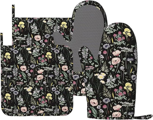 Black Floral Silicone Oven Mitts and Pot Holders Sets Dark Wildflower Rustic Flower Blossom Farmhouse Leaves Botanical Kitchen Mitts Potholder Kitchen Accessories for Cooking Baking BBQ