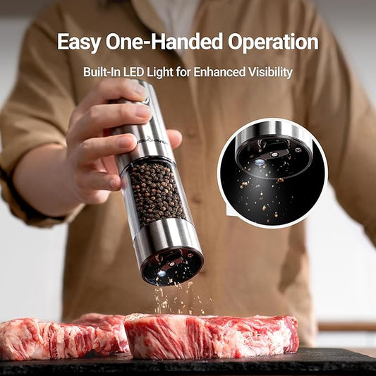 ThermoMaven Electric Salt and Pepper Grinder Set, 110ml Larger Rechargeable Automatic Salt and Pepper Mill Grinder with 6 Adjustable Coarseness, Electric Salt and Pepper Shakers, LED, Gun Grey
