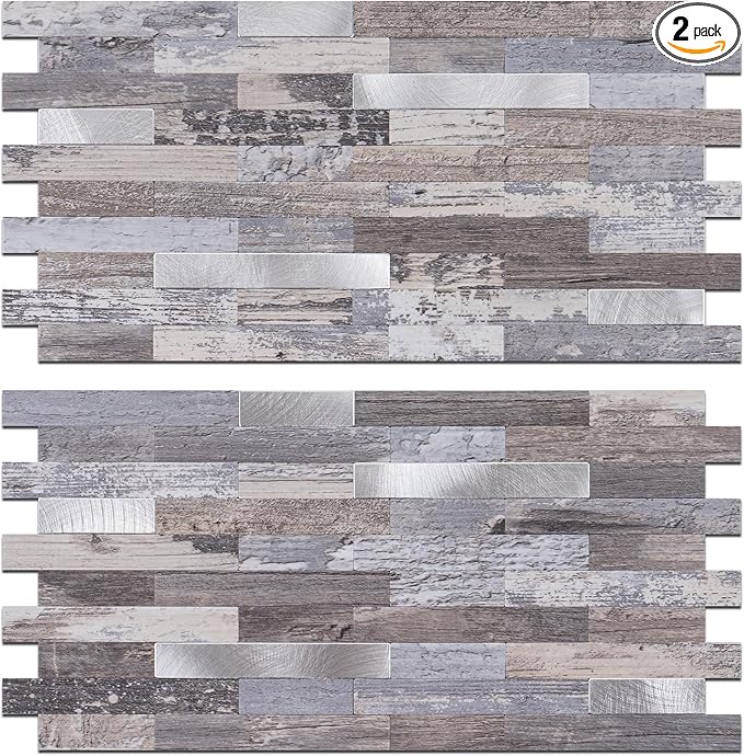 2 Sheets Peel and Stick Backsplash, Distressed Wood with Metal Silver Self Adhesive Wall Tiles Upgrade Your Kitchen Backsplash, RV, Fireplace