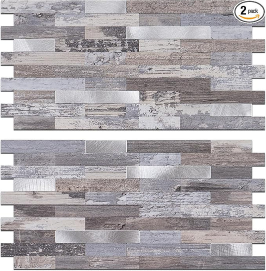 2 Sheets Peel and Stick Backsplash, Distressed Wood with Metal Silver Self Adhesive Wall Tiles Upgrade Your Kitchen Backsplash, RV, Fireplace