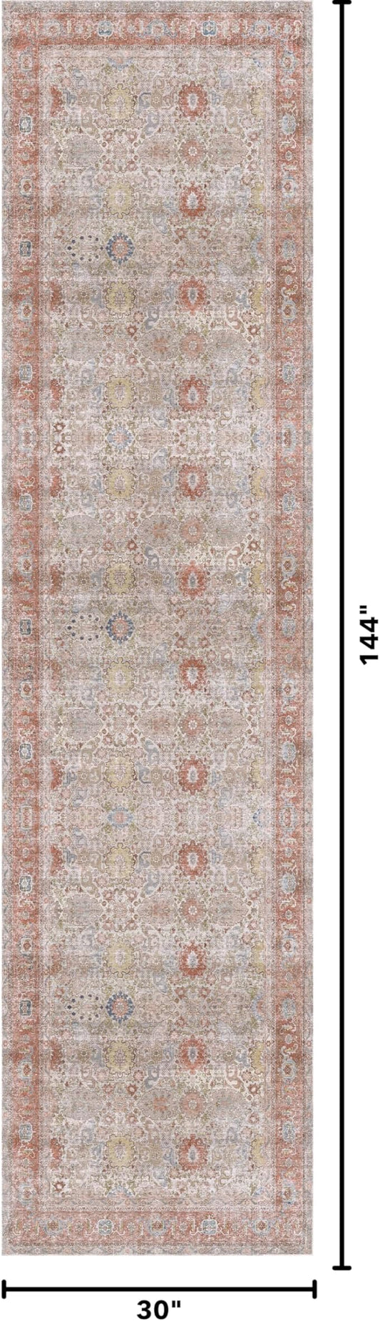 Kuden 2'6"x12 Runner Rug, Machine Washable Area Rug with Non-Slip Backing, Vintage Style, Soft, Easy Clean, Low Pile Rug for Hallway, Entryway, Kitchen, Bedroom