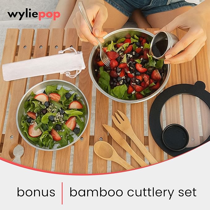 64oz Stainless Steel Salad Bowl Kit & 3Pcs Bamboo Cutlery Set with 2x Condiment Containers, Insert Tray, Bowl & Leakproof Lid - Salad Bowl To Go Lunch Portable Reusable