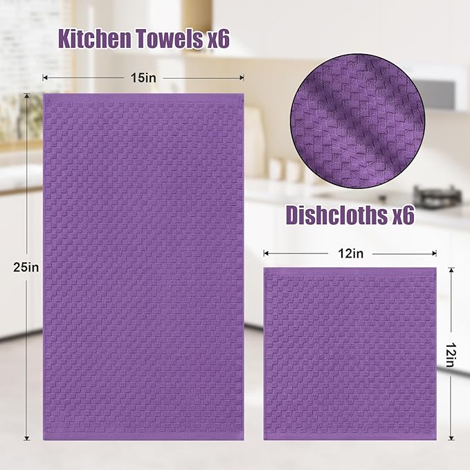 Homaxy 100% Cotton Kitchen Towels and Dishcloths Set, 12 x 12 & 15 x 25 Inches, Set of 12 Bulk Terry Cloth Dish Towels, Super Soft and Absorbent Hand Towel with Hanging Loop, Purple
