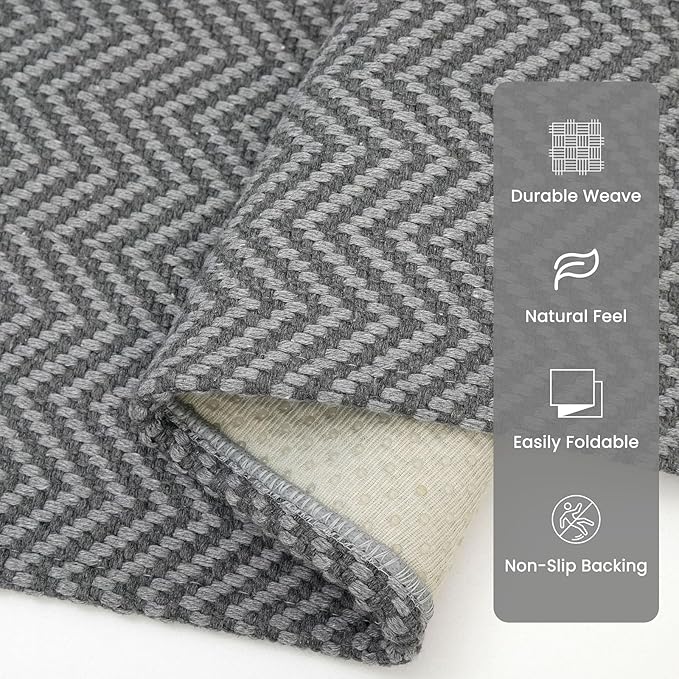 Small Area Rugs 2x3 Ft Washable Rugs for Entryway Non Slip Kitchen Mat Cotton Woven Door Mat Indoor Entrance Front Door Rugs for Foyer Bathroom Kitchen, Charcoal Gray/Gray