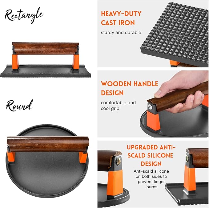 GGC Cast Iron Burger Press Kit, 7" Round and 8"x4" Rectangle Smash Burger Press Set for Grill and Griddle Cooking, 2PCS Meat Press with Wooden Handle for Bacon, Hamburgers, Eggs, Sandwiches