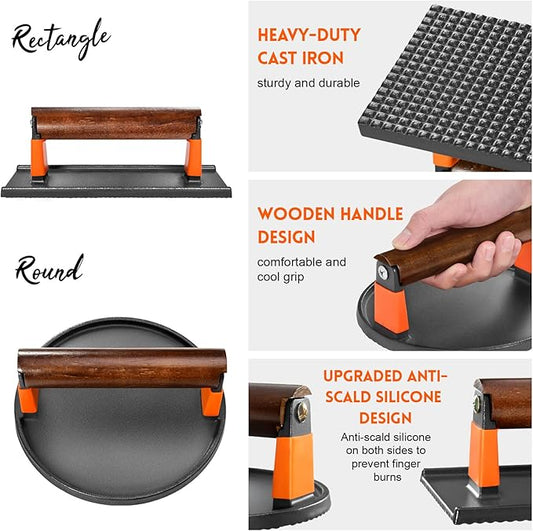 GGC Cast Iron Burger Press Kit, 7" Round and 8"x4" Rectangle Smash Burger Press Set for Grill and Griddle Cooking, 2PCS Meat Press with Wooden Handle for Bacon, Hamburgers, Eggs, Sandwiches