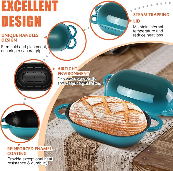NSIRONS Enameled Cast Iron Sourdough Bread Oven, 5QT Loaf Cast Iron Bread Pan with Lid, Oval Dutch Oven for Homemade Bread Baking, Meatloaf Pan with Lid (Gradient Blue-green)