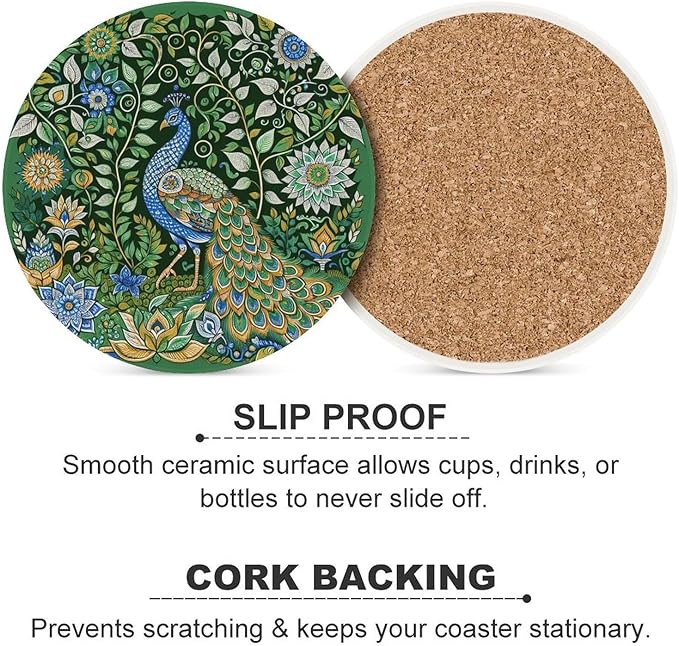 Peacock Drink Coasters, Round Ceramic Drink Coaster Round-4PCS, Beautiful Green Plant Floral Peacock Boho Art Pattren Decor Absorbent Ceramic Coasters for Beverage Cup, Bar, Coffee Table