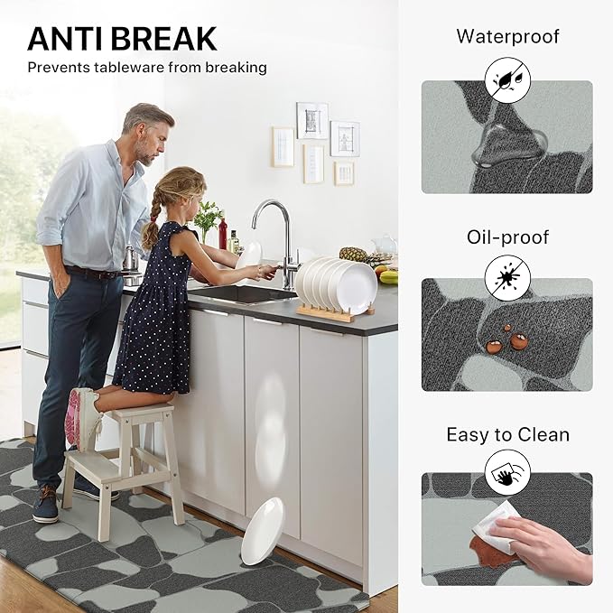 GENIMO Kitchen Mats for Floor 2PCs, Washable Anti Fatigue Mat for Cushioned, 17.3"x47"+17.3"x30", Waterproof Kitchen Rugs, Non Slip Comfort Standing Mat Rug for Sink, Laundry, Home, Black & White