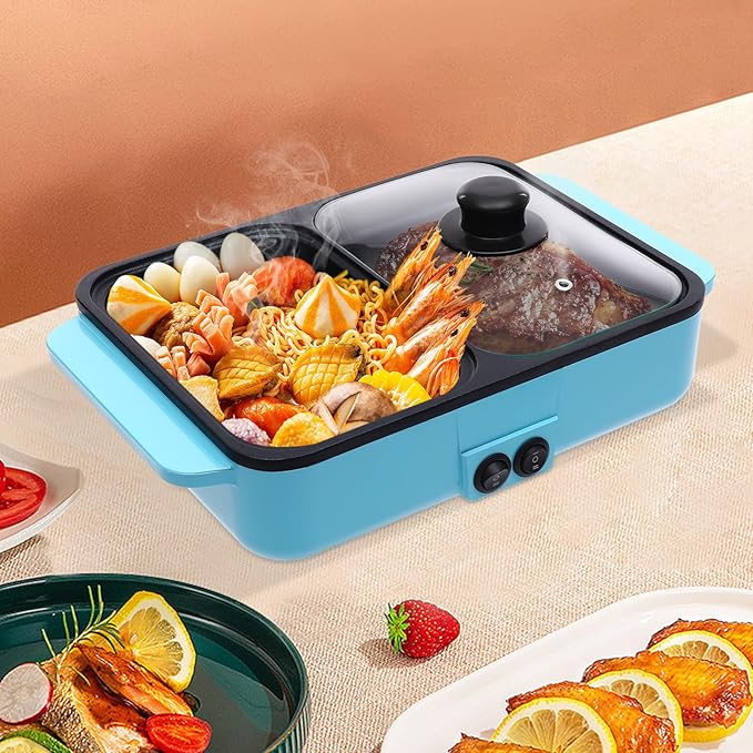 Hot Pot with Grill, Electric Hot Pot and Frying Pan, 2 in 1 Indoor Non-Stick Electric Hot Pot and Frying Pan, Blue Portable Electric BBQ Grill for Indoor Party Family Gatherings
