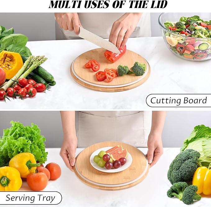 LOVYANXUE 10.6" Glass Salad Bowl with Sealed Lid, 4.7 Quart Large Capacity Serving and Mixing Bowls with Utensils, Versatile Serving Dish for Salads, Trifle, Fruits, Pasta, Microwave Safe