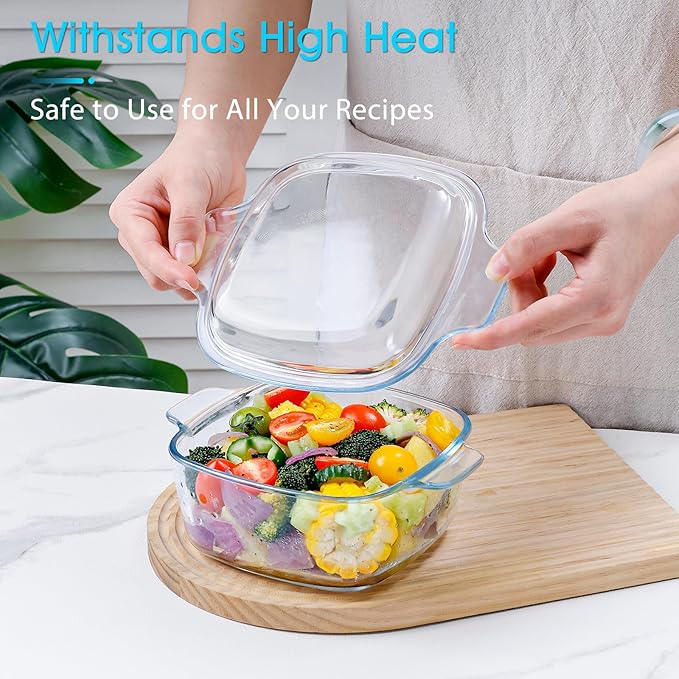 NUTRIUPS 2-Pack Square Glass Casserole Dish with Lid, 1L Mini Glass Casserole Cookware for Oven, Single-Serve Deepened Baking Dish