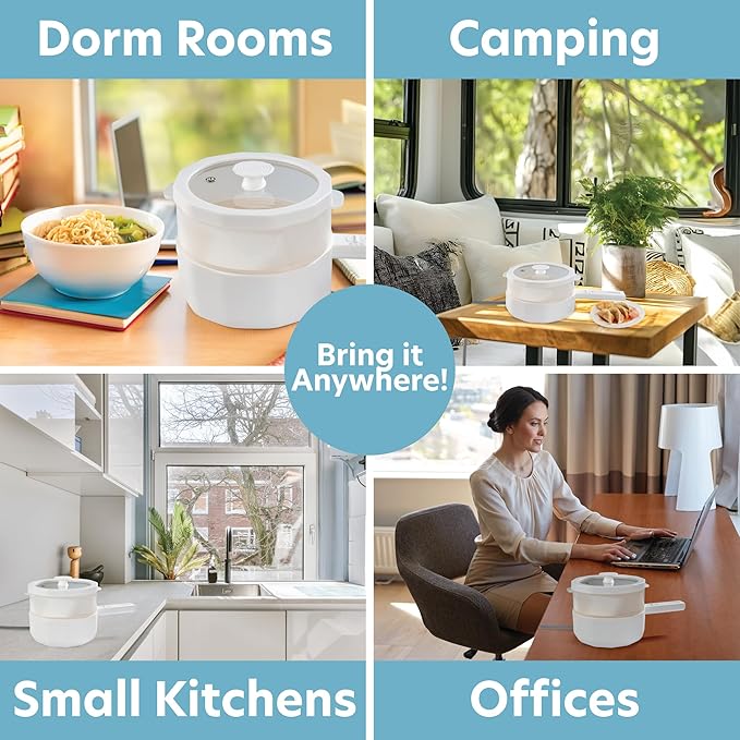 3-In-1 Electric Hot Pot w Dumpling Steamer & Rice Cooker - Multi-Function Non-Stick Cooker (1.5L) - Rapid Noodles Fried Rice Ramen Vegetables Soup w 2 Power Settings - Dorm Essential Must Have Gift