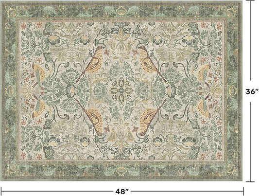 Large Entryway Rugs Indoor - Sage Green 3x4 Washable Rugs for Kitchen Bedroom Beside Bed Door Mat Indoor Entrance with Beige Woodland Flowers, Non Slip Stain Resistant Low Pile