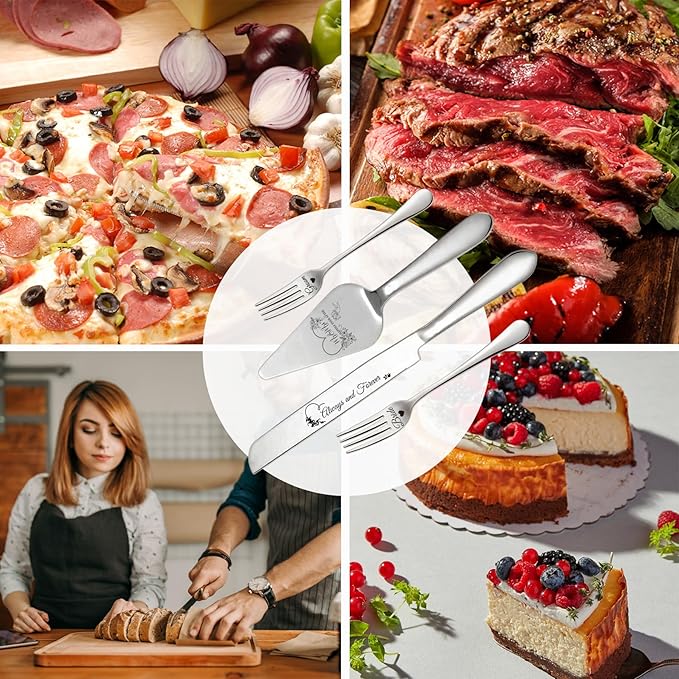 4 Pieces Wedding Cake Cutting Set Knife and Forks Set Wedding Cake Knife and Server Set Sliver Forks Engraved Mr. and Mrs.for Engagements, Anniversaries, Bride and Groom (Silver GROOM&BRIDE)