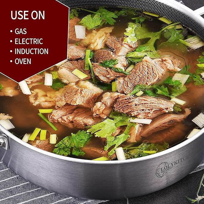 LOLYKITCH 6 Quarts Hybrid Tri-Ply Stainless Steel Sauté Pan with Lid,Induction Large Skillet, Jumbo Cooker,Dishwasher & Oven Safe