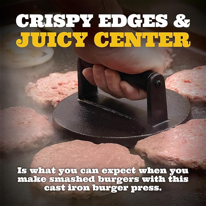 IAN's Smash Burger Press Kit - Cast Iron Burger Press (6.5 in), Smash Burger Spatula, Patty Pakers & Seasoning Shaker - Griddle, Flat Grill, Hibachi Accessories - Gifts for Dad