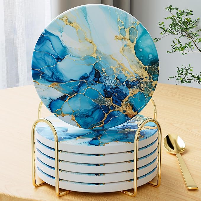 6Pcs/Set Marble Abstract Ceramic Coasters with Holder, Absorbent Drink Coasters, Coffee Cup Coaster,Round Ceramic Table Coasters Set Decorative