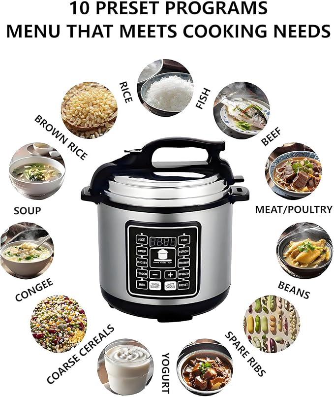 Aptovpvp Electric Pressure Cooker, 6 Liters, Slow Stew Pot With 24-Hour Reservation Function, 10 In 1 Rice Cooker, Wok, Cake, Yogurt, Etc., Stainless Steel/Black