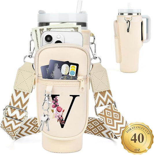 LOKASS Personalized Water Bottle Holder with Strap for Stanley Cup Accessories 40 oz Tumbler, Initial Water Bottle Carrier Bag/Phone Pocket, Mother's Day/Birthday Gifts for Women/Girls