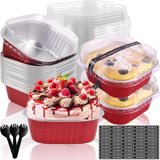 BZIDII 10oz Mini Cake Pans With Lids 50 Pack Aluminum Foil Square Brownie Baking Cups,4”x4” Disposable Loaf Pans With Lids and Spoons Stickers,Large Cupcake Pans Muffin Cake Tins Cake Container(Red)
