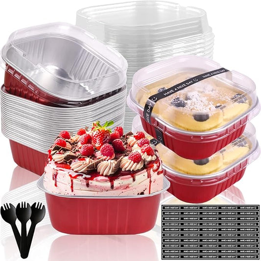 BZIDII 10oz Mini Cake Pans With Lids 50 Pack Aluminum Foil Square Brownie Baking Cups,4”x4” Disposable Loaf Pans With Lids and Spoons Stickers,Large Cupcake Pans Muffin Cake Tins Cake Container(Red)