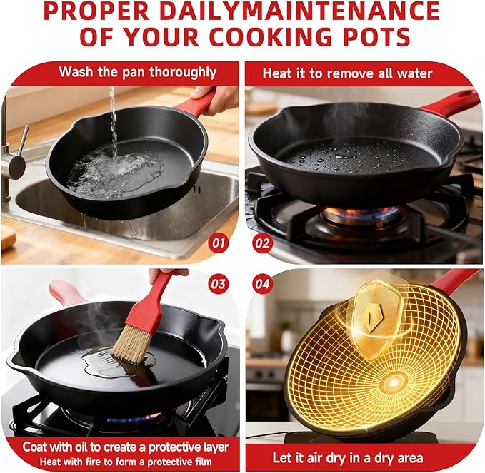 Cast Iron Skillet 3 piece set, cookware set 6, 8, 10 Inches, for frying, saute, &more, easy use in the oven, stove, grill, or campfire, black, with silicone heat-resistant cover