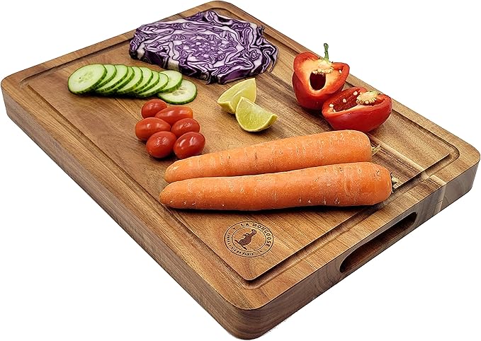 Acacia Wood 16 x 12 x 1.5 inch Thick (40.5 x 30.5 x 4cm) Extra-Large Cutting Board Juice Groove Hand Grips Dark Edge Grain Wooden Butcher Block Chopping Cheese Plate Server Deluxe Birthday Gift