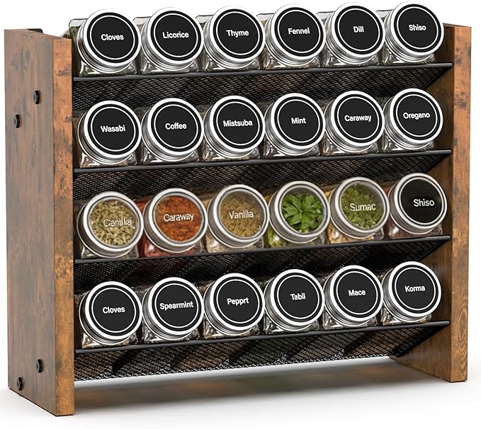 NESAPTO Spice Rack Organizer for Cabinet, Wooden 4 Tier Vertical Seasoning Organizers for Kitchen Pantry, Countertop/Wall Mount, Holds 24 Spice Jars (No Jars Included),12.2" W × 9.4" H