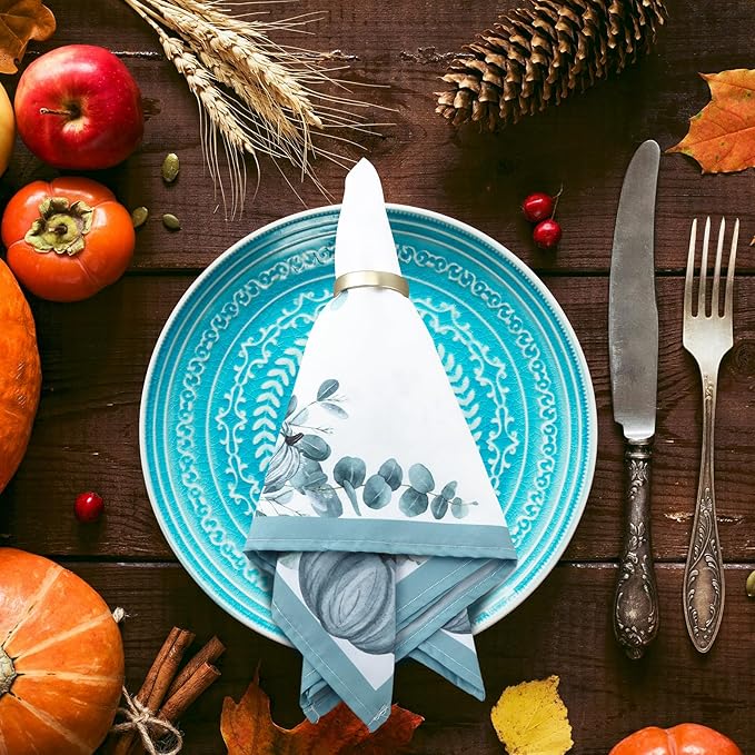 12 Pcs Fall Cloth Napkin 20 x 20 Inch Blue Pumpkin Cloth Napkins Thanksgiving Autumn Harvest Pumpkin Buffalo Plaid Party Dinner Washable Decoration