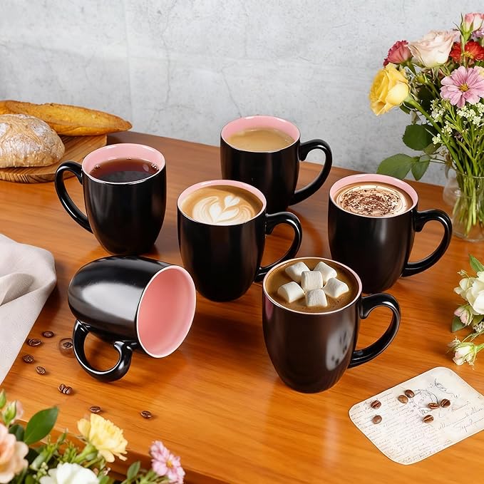 GBhome 12oz Coffee Mugs Set of 6, Large Ceramic Coffee Mugs for Man, Woman, Dad, Mom, Modern Coffee Mugs Set with handle for Tea/Latte/Cappuccino/Milk/Cocoa. Dishwasher&Microwave Safe,Pink