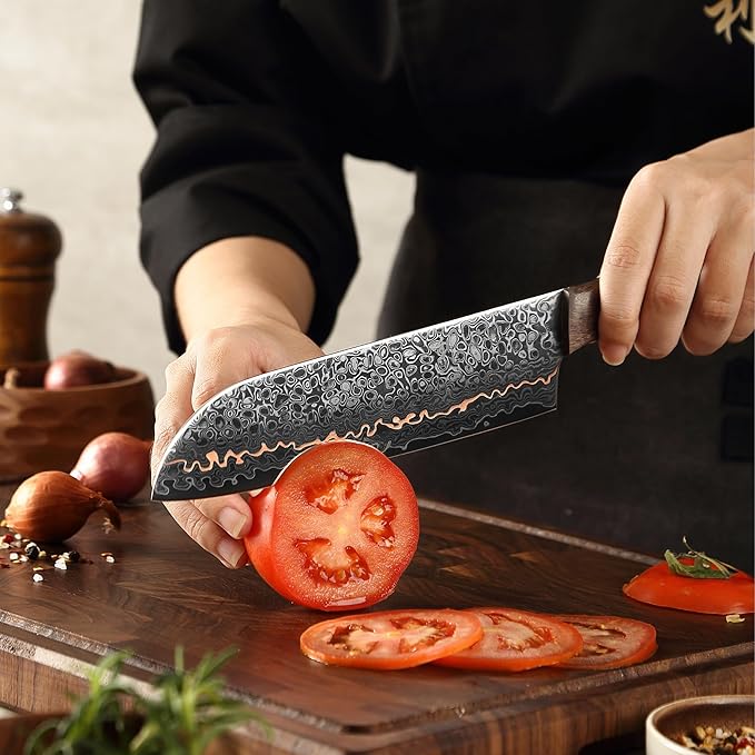 Wakoli Kawa Santoku Knife, 7.1-Inch Blade Damascus Chef Knife | 67-Layer Damascus Steel with VG10 Core | Copper Inlay | Maple Stabilized Wood Handle | Professional Kitchen Knife