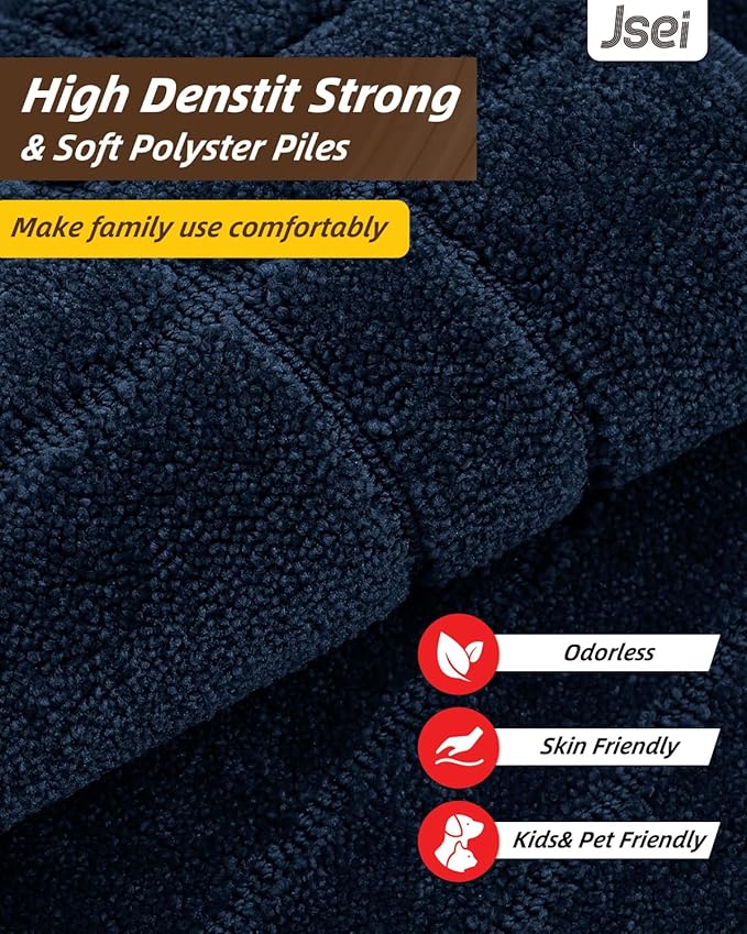 JSEI Kitchen Mats for Floor, Non-Slip Kitchen Rugs, Soft Washable Absorbent Kitchen Mats 2 PCS, Kitchen Runner Rug with TPR Backing, Polyester, 20"x32"+20"x48", Navy Blue