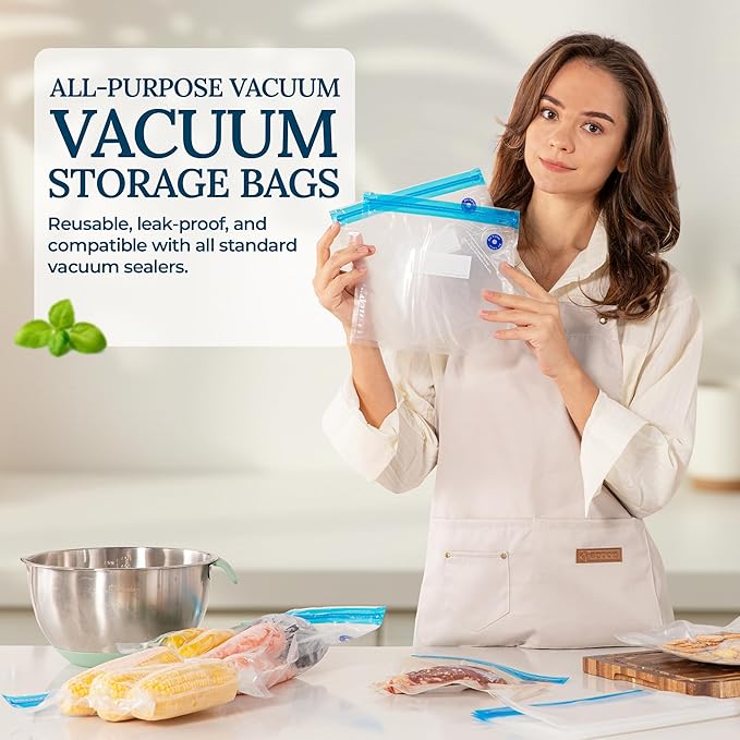 Food Vacuum Sealer Bags – 15 Pack Reusable Bags with Leakproof Zip Seal & Air Valve – Microwave, Freezer & Reusable Sous Vide (Small)