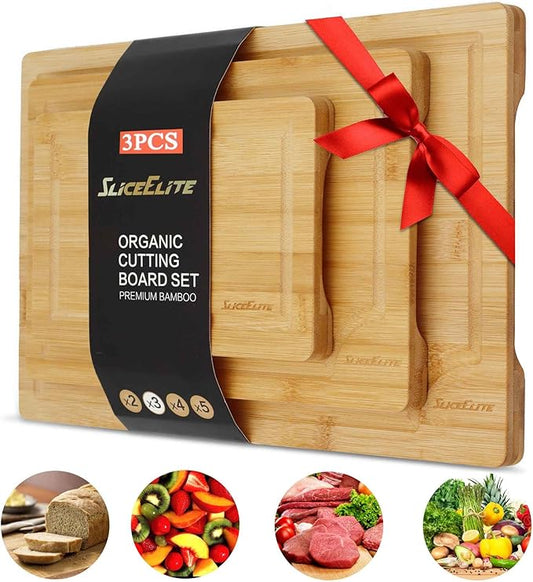 SliceElite 3pc Bamboo Cutting Board Set: Eco-friendly, durable chopping boards with handles & juice grooves. Ideal for all kitchen tasks (Large, Medium, Small), Natural
