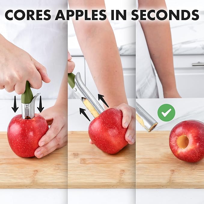 Zulay Kitchen Premium Apple Corer Tool - Ultra Sharp, Stainless Steel, Serrated Blades for Easy Coring - Easy to Use & Clean, Durable Apple Corer Remover for Baking Apples & More - Olive Green