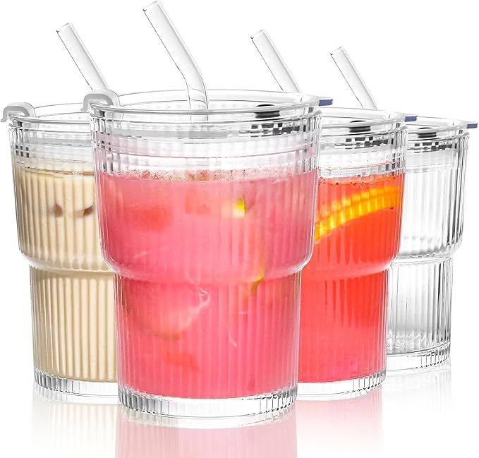 13oz Glass Tumbler with Lids and Straws Ribbed Drinking Glasses Cup Leak Proof Iced Coffee Glass Set of 4 for Soda Smoothie Juice(Clear*4)